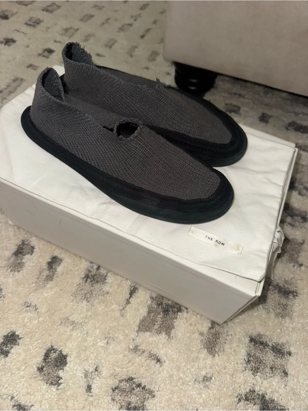 The Row Men's Gray Knit Slip-On Loafers with Black Trim
